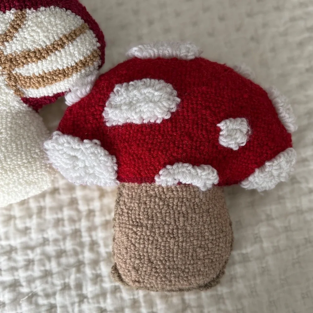 Pair of Mushroom Hooked Wool‎ Accent Pillows.
